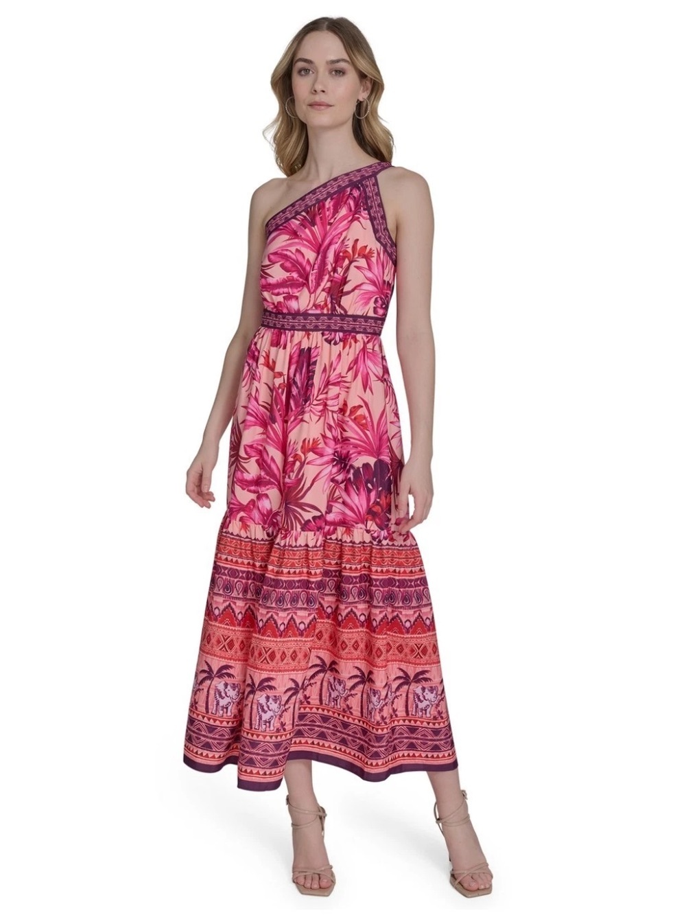 NWT!!🩷🩷Eliza J One-Shoulder Pink Tropical Print Maxi Dress